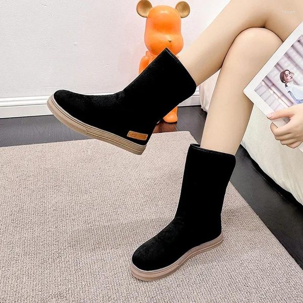 Botas meados de bezerro sapatos para mulheres elegantes com saltos baixos camurça meia alta mulheres neve redonda bota feminina 39 proteção cosplay pu