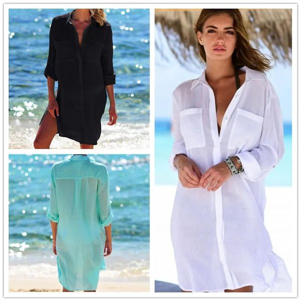 Bademode Strand Cover Up T-shirt Kleid frauen Schwimmen Anzug V-ausschnitt Kleider Pareo Beachwear Badeanzug Solide Tunika Tunique femme