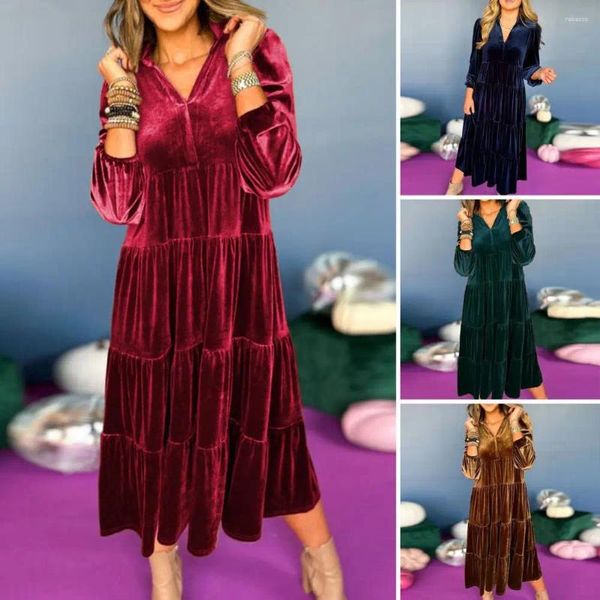 Vestidos casuais cintura elástica vestido de veludo retalhos a linha midi com manga comprida v pescoço para mulheres macio quente cor sólida meados de bezerro