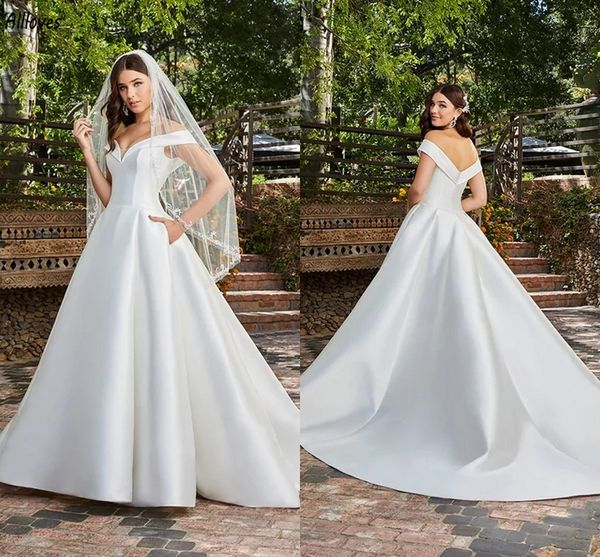 Simples marfim cetim uma linha vestidos de casamento com bolso sexy fora do ombro plus size elegante vestidos de noiva boho jardim trem varredura noiva recepção robes de mariee cl3155