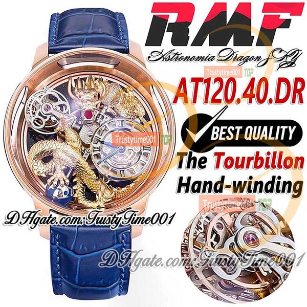 RMF AT120.40.DR Astronomia Tourbillon orologio meccanico da uomo Cassa in oro rosa 3D Art Gold Dragon Dial Cinturino in pelle di alligatore Super Edition trustytime001 Orologi da polso