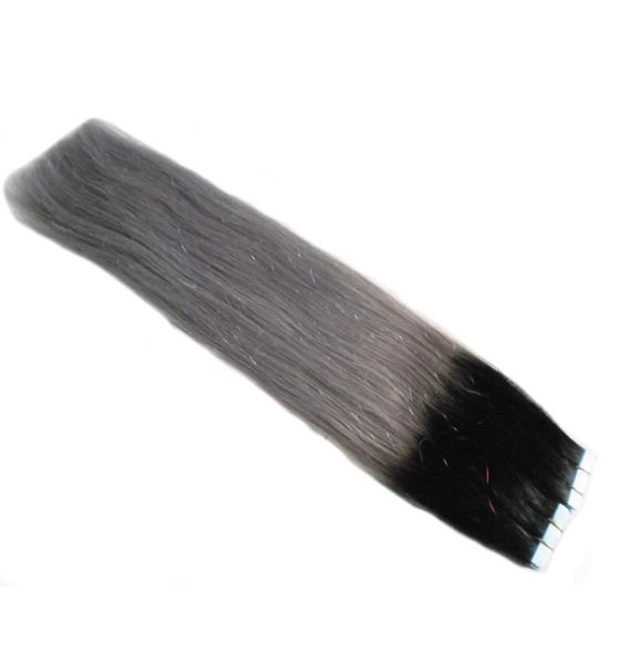 Extensões de cabelo preto e cinza 40 peças fita ombre em extensões de cabelo adesivo duplo pu trama de pele extensões de cabelo dois tons brasilia2625612