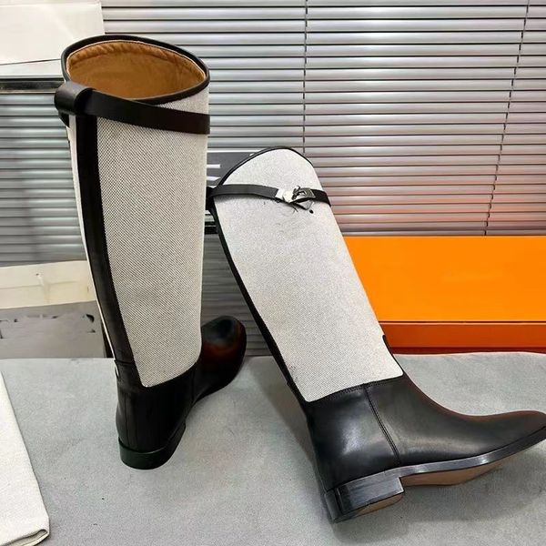 Elgant Jumping Deri Binicilik Diz-yüksek Botlar -Tab Yuvarlak Toe Slip-On Düz Topuklar Chelsea Şövalye Lüks Tasarımcı Kadın Moda Ayakkabıları Fabrika Ayakkabı Kutusu