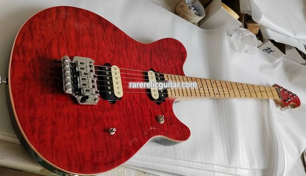 Auf Lager Music Man Axis Edward Eddie Van Halen E-Gitarre Red Flame Maple Top Floyd Rose Tremolo Bridge Locking Nut White Tuners Zebra Pickups