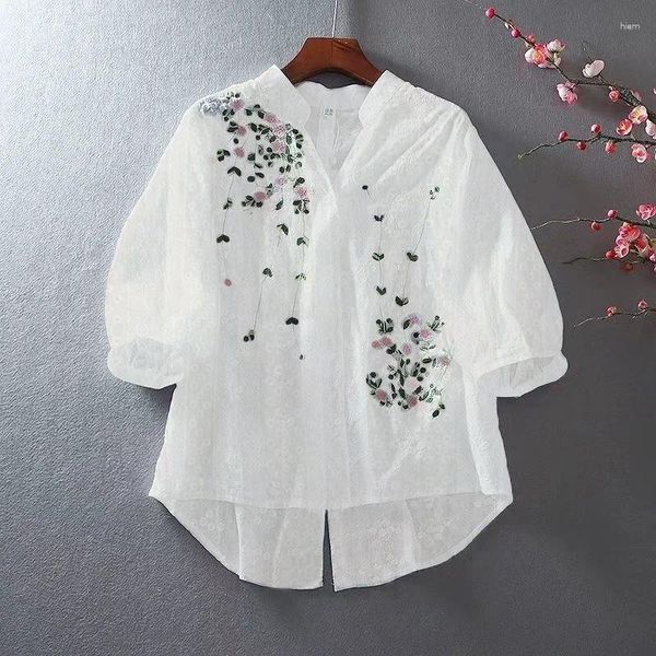 Blusas femininas moda renda com decote em v camisa bordada para o verão solto estilo ocidental frente curta volta lanterna manga topo feminino