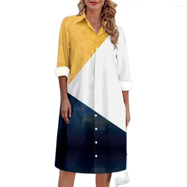 Abiti casual Primavera Estate 2024 Lunghezza al ginocchio Elegante Gonna da donna Abito Stampa floreale Manica lunga Colletto rovesciato Camicia sul davanti con bottoni