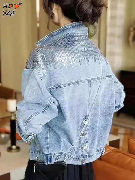 Koreanische Mode Pailletten Tasche Denim Jacke Für Frauen Vintage Revers Einreiher Blau Jean Mantel Streetwear Allmatch Oberbekleidung 240103