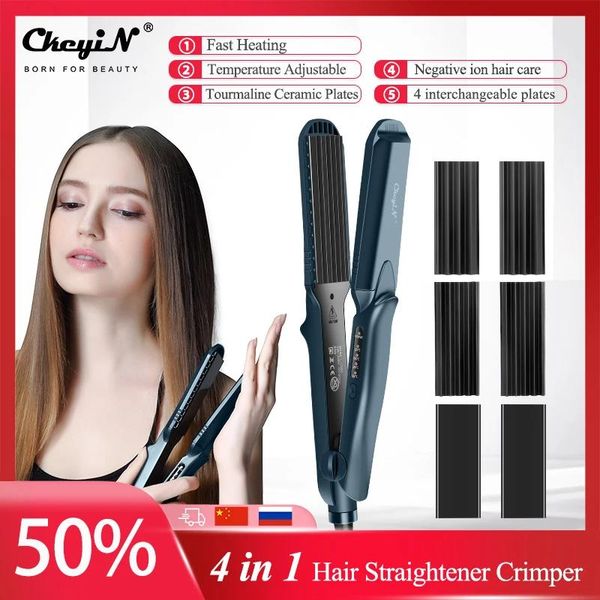 Alisadores CkeyiN Hair Crimper Waver Hair Curler Curling Crimping Irons Alisador de cabelo Volumizing Flat Iron 4 placas intercambiáveis