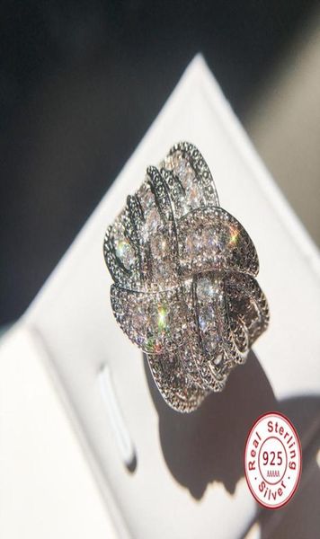 Moda tecer pedras de enrolamento design real 5a micropave cristal zircão pedra 925 prata esterlina anel de noivado para mulheres jóias2905101