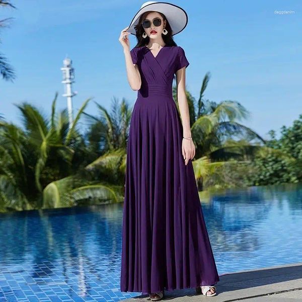 Vestidos de festa 2024 estilo verão longo cor sólida chiffon vestido temperamento v-pescoço cintura é mais fino para tornozelos e grande balanço