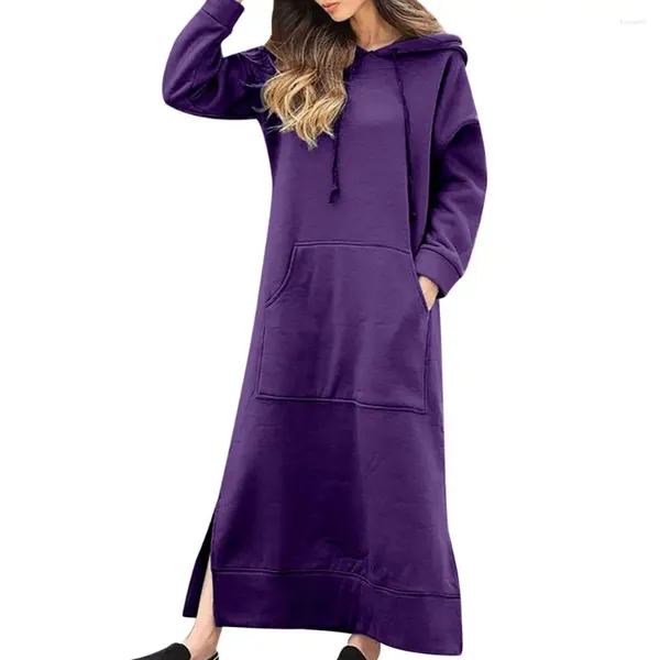 Vestidos casuais mulheres vestido de sono outono inverno quente lounge wear outfit manga longa cordão moletom com bolsos