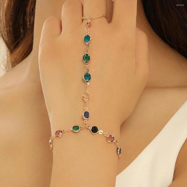 Link Armbänder Bunte Zirkon Kristall Kette Handgelenk Armband Frauen Finger Ring Trend Statement Schmuck Gold Für