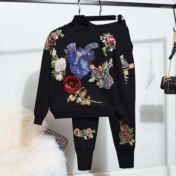 Calças femininas de duas peças moda lantejoulas flores malha tracksuit mulheres conjunto solto preto gary malha pulôver suéter lápis outfits feminino