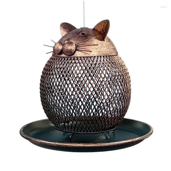 Decorações de jardim retro gatinho em forma pendurado alimentador pássaro bebedor metal birdfeeder fora decoração semente água aves dispensador