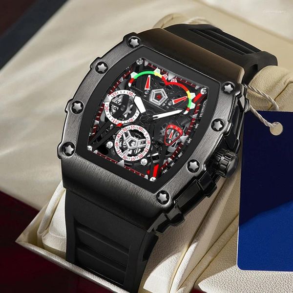 Armbanduhren Fabrik Großhandel Uhr für Männer Schwarz Tonneau Quarzuhren Mann Mode Sport Gummiband Uhren Drop