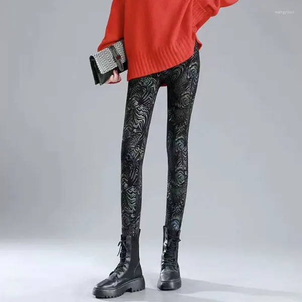 Женские брюки Lucyever, женские леггинсы с высокой талией и принтом, осень-зима 2024, утепленные плюшевые женские эластичные облегающие леггинсы-карандаш