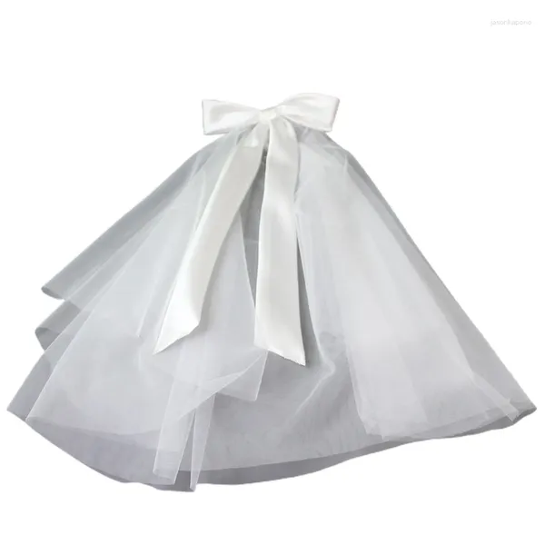 Véus nupciais flor menina véu bowknot com pente de cabelo acessórios de casamento branco 2 camadas comprimento da cintura