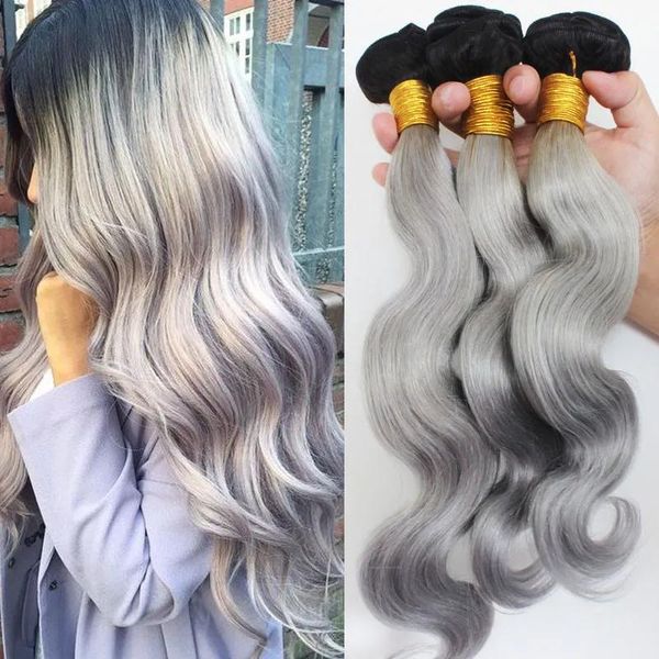 Trame nastro grigio ombre estensioni dei capelli umani 3 pz 1b capelli grigi onda del corpo due toni ombre capelli peruviani tesse