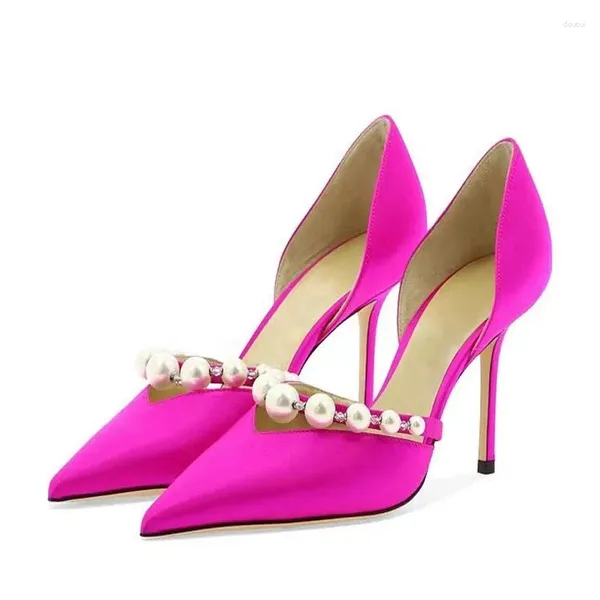 Scarpe eleganti QIWN Cinturino con perle Tacchi da donna Scarpe da sposa con punta a punta in seta rosa Décolleté con cinturino alla caviglia Sandali con tacco alto Runway