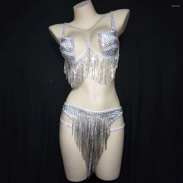 Bühne Tragen Glänzende Strass Quaste Sexy Spaghetti Strap Bikini Set Für Frauen Bar DJ Kleidung Kostüm Nachtclub Prom Trägt