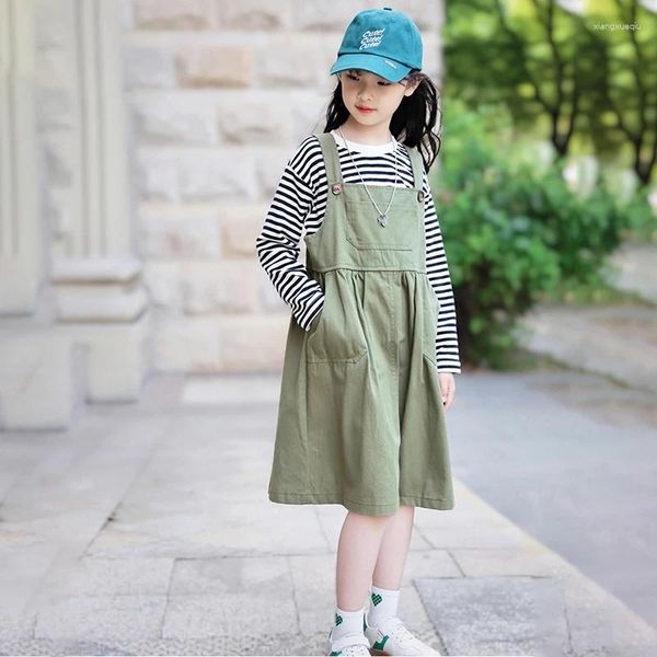 Giyim Setleri Kızlar Bahar Sonbahar Kıyafetleri Uzun Kollu Çizgili Tee Askı Etek İki Parçalı Set 8 ila 16 Yıl Çocuklar ve Genç Giysiler