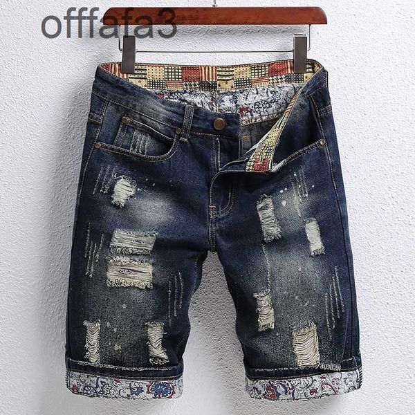 Jeans roxo calça masculina verão novo estilo personalizado mendigo buraco adesivos cinco pontos shorts masculino versão coreana tendência raspada calças jeans rua