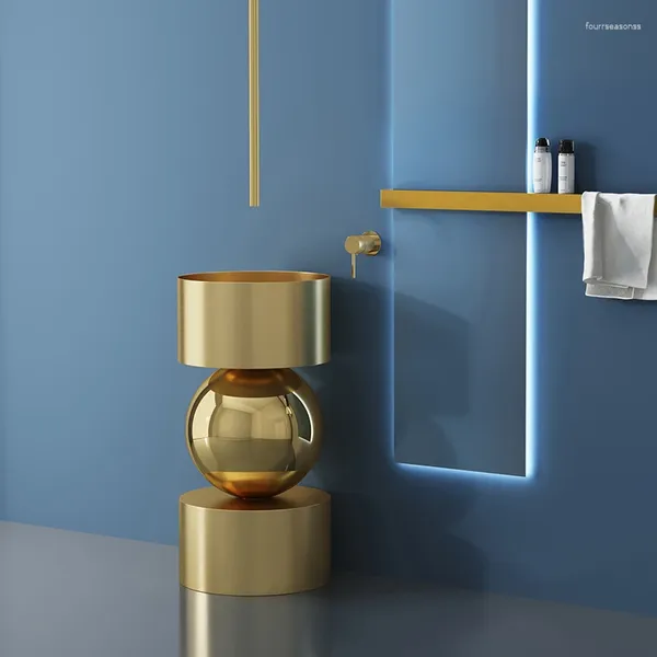 Torneiras de pia do banheiro Arte Original Bacia de Pedestal de Aço Inoxidável Integrado Criativo Lavatório de Coluna Dourada