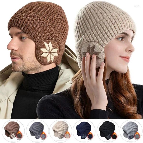 Berets Homens Mulheres Inverno Quente Chapéus de Malha Adulto Pelúcia Earflap Cor Sólida Gorros Feminino Proteção de Orelha Lã Caps Ao Ar Livre Chapéu Espessado