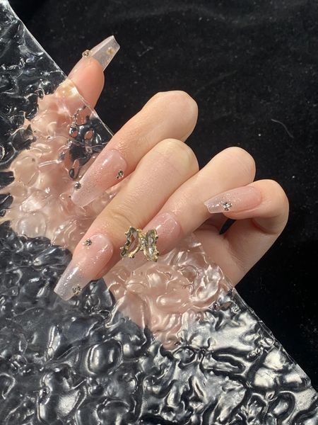 Künstliche Nägel im chinesischen Stil Fake Artificia Nail rosa mit glänzender Puder-Schmetterlingsdekoration, handgefertigt, abnehmbar und wiederverwendbar 240104