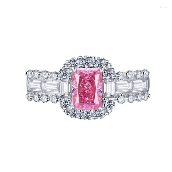 Cluster-Ringe 2024 S925 Silber Importiert High Carbon Diamond Rose Red 5 7 Rechteckiger Ring Damen Europäischer und amerikanischer Ins-Stil
