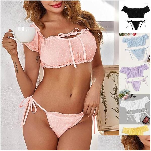 Set di reggiseni Set di pizzo ricamato carino Intimo Bowknot Off-Shouder Lingerie Tentazione erotica Pigiama Appeal Sissy Nightwear Sleepwear Dh4Bw