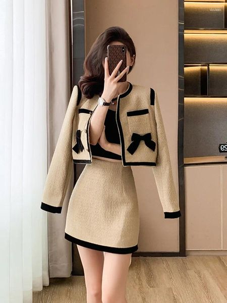 Vestidos de trabalho 2024 outono inverno estilo luxo tweed duas peças conjunto feminino arco curto jaqueta casaco saia ternos coreano 2 conjuntos roupa