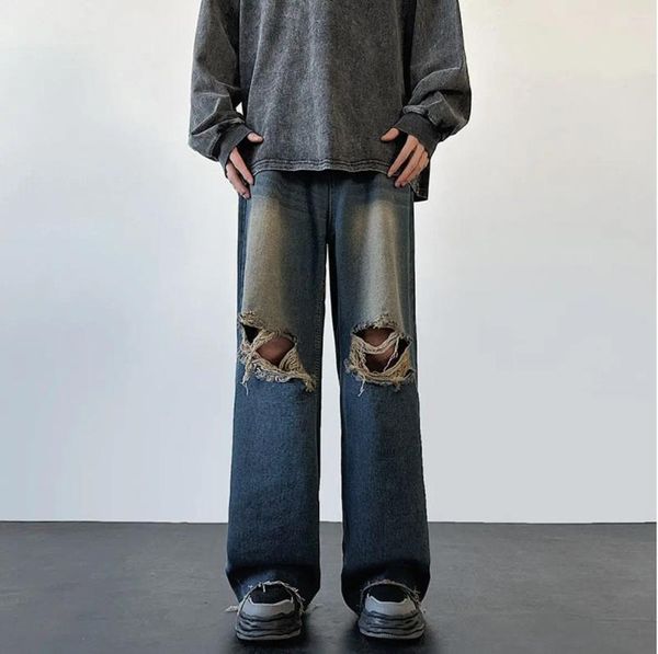 Jeans masculinos outono moda tendências escuro vintage angustiado rasgado escuro solto reto americano high street