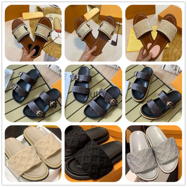 Designer-Hausschuhe für Damen, Sommer, weiß, schwarz, rosa, Netzstoff, bestickt, geprägtes Leinen, beige Holz-Pantoffeln mit flachem Boden, Loe-Luxus-Sandalen in gierigen grau-roten Farben