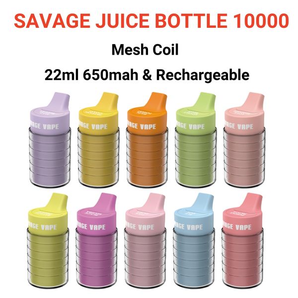 E cigarro descartável vape Savage Juice Bottle puff 10000 atacado poco 10000 22ml 650mah 10000 puff vape controle de fluxo de ar em massa 20mg 30mg 50mg recarregável