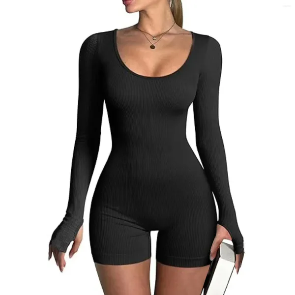 Shapers femininas 2024 mulheres cor sólida manga longa verão bodycon playsuit quadrado colarinho com nervuras curto macacão sexy moda y2k streetwear