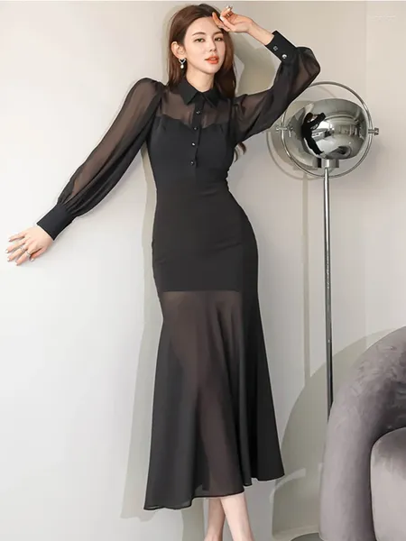 Vestidos casuais moda primavera outono camisa preta vestido longo mulheres senhoras roupas comute chiffon sheer sexy slim midi mujer robe vestidos