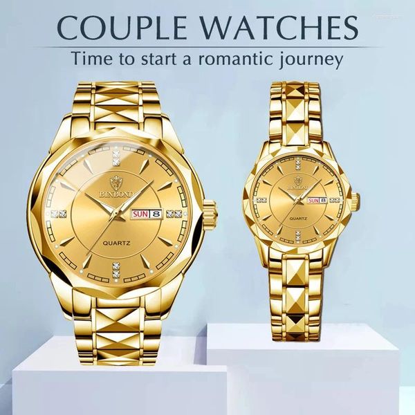 Orologi da polso Binbond Business Gold Coppia articoli per amanti Donna Uomo Impermeabile in acciaio inossidabile dorato Set di orologi per lui e per lei