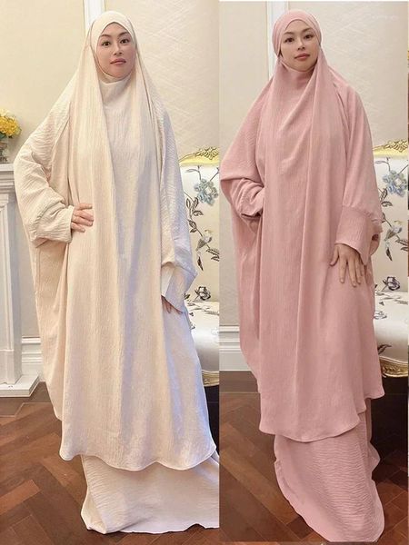 Etnik Giyim Eid Kapşonlu Abaya Müslüman Kadınlar Jilbab 2 Parça Set Uzun Hicab Khimar ve Kolsuz Elbise Dubai Ramazan Dua Kıyafetleri Niqab