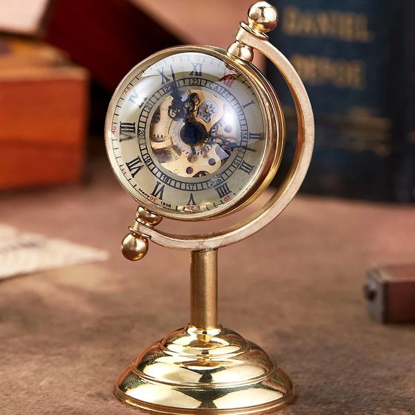 Hochwertige goldene mechanische Taschenuhr einzigartige Tischuhr Geschenk für Männer Globe Transparent Steampunk Drop 240103