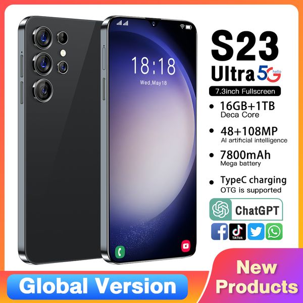 2024 Original Novo S23 Ultra Celulares Snapdragon 8 Gen2 7.3 HD Tela 5G Smartphone 16GB + 1TB Dual Sim Celulares Rosto Desbloqueado Android 13.0 Câmera 48MP + 108MP