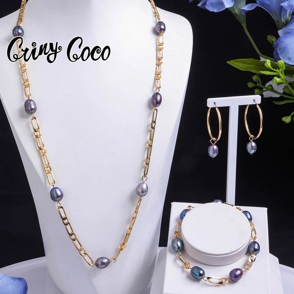 Imitação tahitian barroco feminino conjuntos de jóias corrente colar com pérolas de água doce pérola pulseiras neckalces conjunto para mulher 240103