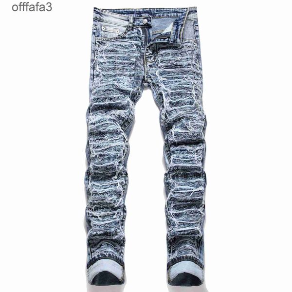 Calça jeans roxa masculina Este streetwear masculino do outono de 2024 tem cortes de buracos e desgastado branco pequeno perna reta elástico na moda calças de cintura média