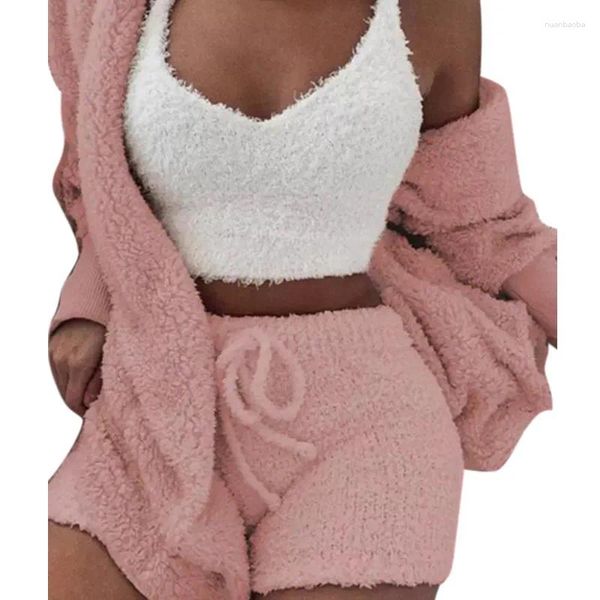 Pijamas femininos outono e inverno conjuntos de pijama de pelúcia casual homewear conjunto de três peças mangas compridas colete cortado shorts pijamas terno sono