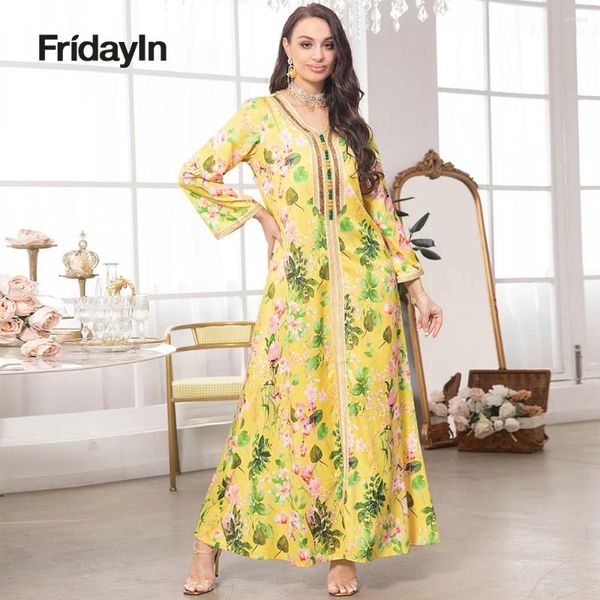 Ropa étnica Fridayin Muslim Abaya Vestidos largos elegantes para mujeres con cuello en V Botones de contraste Cinta Manga acampanada Kaftan Falda suelta de una línea