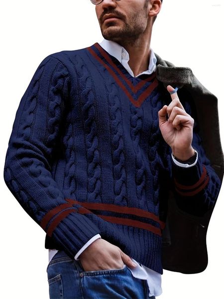 Suéter masculino de malha, suéter formal casual quente de alta elasticidade com gola em v para adolescente estudante outono inverno
