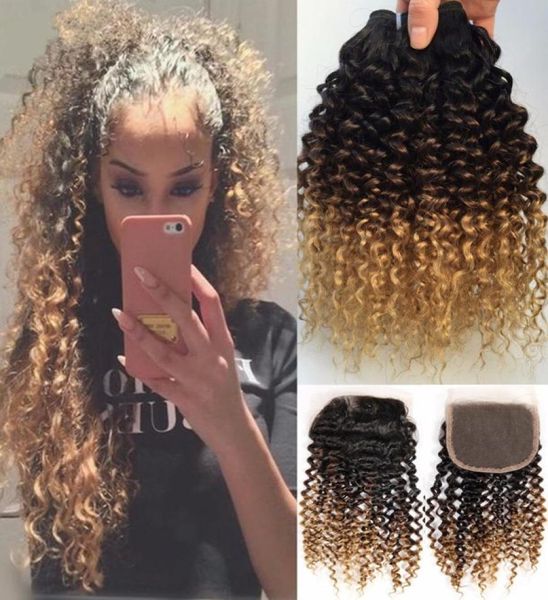 1B 4 27 Mel Loira Ombre Cabelo Humano Brasileiro Tece Com Fecho de Renda Profunda Onda Encaracolada Três Tons 3 Pacotes Com Fecho 4 Pcs Lot9972300