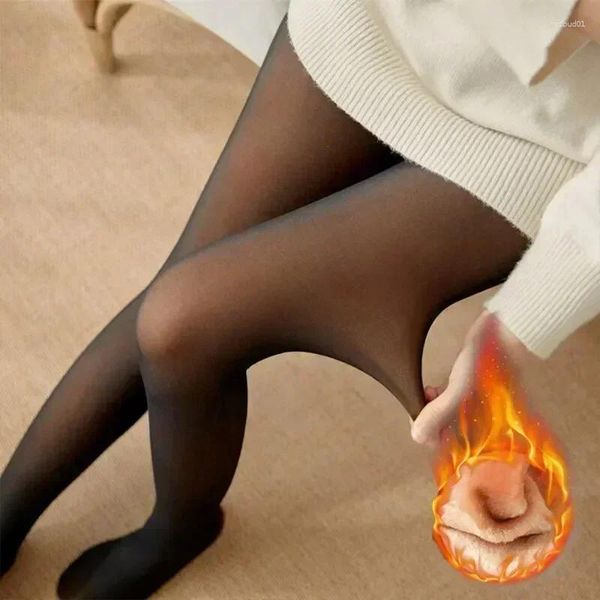 Meias femininas inverno quente sem costura grosso veludo térmico outono fino leggings calças de lã meia-calça elástica translúcida