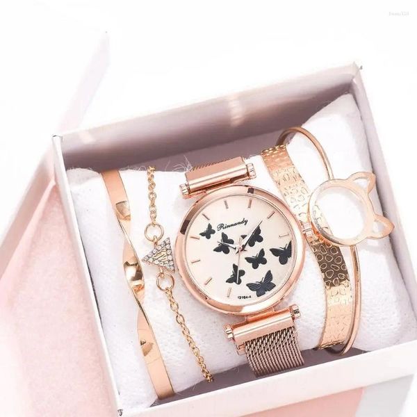 Orologi da polso 5 pezzi orologi con bracciale Set orologio da donna di lusso con cintura in maglia di oro rosa orologio al quarzo per orologio da lavoro Relogio Feminino