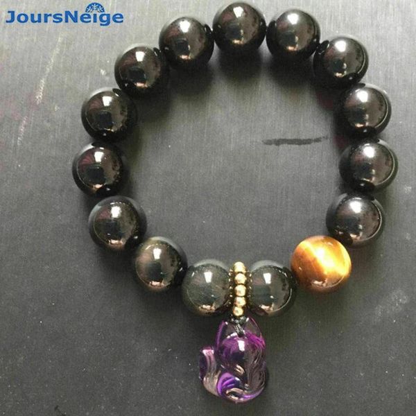 Bangle Preto Arco-íris Olhos Natural Obsidian Pedra Pulseira Roxa Cristal Fox Pingente Sorte para Mulheres Homens Energia Pedra Pulseira Jóias